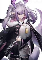 Rule 34 | 1girl, absurdres, arknights, breasts, elite ii (arknights), expressionless, fur trim, hair ornament, hairclip, head wings, highres, hood, jacket, large breasts, long hair, long sleeves, looking at viewer, manticore (arknights), pants, pointy ears, purple eyes, purple hair, scorpion tail, shirt, shorts, solo, striped clothes, striped pants, tail, twintails, vertical-striped clothes, vertical-striped pants, white shirt, wings, yushe quetzalli