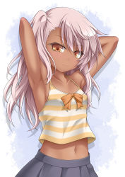 Rule 34 | 1girl, armpits, arms behind head, arms up, blush, breasts, camisole, chloe von einzbern, dark skin, dark-skinned female, fate/kaleid liner prisma illya, fate (series), highres, long hair, looking at viewer, midriff, midriff peek, navel, no bra, pink hair, roura, side ponytail, skirt, small breasts, smile, solo, striped, yellow eyes