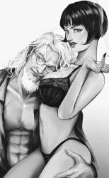Rule 34 | 1boy, 1girl, abs, beard, black hair, bob cut, bra, cigarette, collared shirt, commentary, facial hair, glasses, gradient background, greyscale, head on chest, highres, holding, holding cigarette, la la la la, looking at viewer, looking to the side, medium hair, monochrome, on lap, one piece, open clothes, open shirt, panties, scar, scar across eye, shakuyaku (one piece), shirt, silvers rayleigh, smile, smoke, underwear, v-shaped eyebrows, white hair