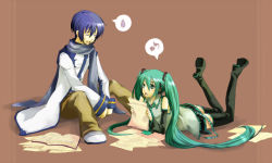 Rule 34 | 1boy, 1girl, bad id, bad pixiv id, blue hair, blue scarf, boots, closed eyes, detached sleeves, green eyes, green hair, hatsune miku, kaito (vocaloid), long hair, lying, open mouth, paper, scarf, shiratama (ck259), simple background, sitting, skirt, thigh boots, thighhighs, twintails, very long hair, vocaloid