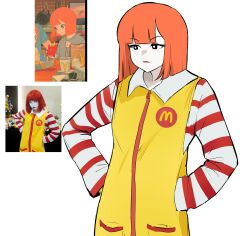 Rule 34 | 3girls, colored skin, commentary, english commentary, fusion, genderswap, genderswap (mtf), hands on own hips, highres, jumpsuit, logo, mcdonald&#039;s, medium hair, miruyuyo, mother (yoru mac), multiple girls, orange hair, photo inset, red shirt, reference inset, ronald mcdonald, screenshot inset, shirt, simple background, sleeveless jumpsuit, striped clothes, striped shirt, white background, white shirt, white skin, yellow jumpsuit, yoru mac