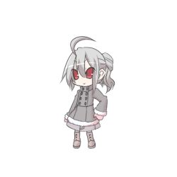 Rule 34 | 100 percent orange juice, 1girl, ahoge, boots, brown footwear, chibi, closed mouth, coat, commentary request, full body, fur-trimmed sleeves, fur trim, grey coat, hair between eyes, hono, long sleeves, lowres, mittens, official art, pink mittens, red eyes, silver hair, simple background, smile, solo, standing, suguri, suguri (orange juice), white background, winter clothes, winter coat