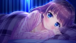 Rule 34 | 1girl, :&gt;, bed, bed sheet, blue eyes, blush, brown hair, closed mouth, eyebrows hidden by hair, facing viewer, female focus, game cg, highres, indoors, long hair, looking at viewer, lying, night, on bed, original, pajamas, pillow, smile, solo, tachibanaki riho, uchi no imouto, under covers, upper body, yamakaze ran
