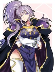 Rule 34 | 1girl, armor, black cape, bracelet, cape, crossed arms, elbow gloves, eyebrows hidden by hair, fire emblem, fire emblem: genealogy of the holy war, gloves, hair behind ear, head tilt, ishtar (fire emblem), jewelry, long hair, looking at viewer, nintendo, pauldrons, pelvic curtain, ponytail, purple eyes, purple hair, rem (eyes 410), shoulder armor, solo, thighhighs, white gloves