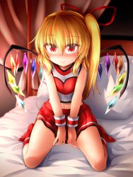 Rule 34 | 1girl, bare arms, bare legs, blonde hair, blush, cheerleader, closed mouth, flandre scarlet, hair between eyes, hair ribbon, highres, kneeling, long hair, looking at viewer, marukyuu ameya, midriff, miniskirt, navel, on bed, pillow, pout, red eyes, red ribbon, red skirt, red socks, ribbon, side ponytail, skirt, socks, solo, touhou, wings, wrist cuffs