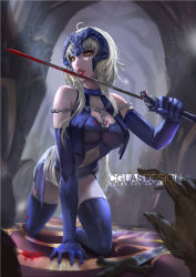 Rule 34 | 1girl, ahoge, all fours, artist name, blonde hair, blood, bloody weapon, blue gloves, blue thighhighs, blurry, blurry background, breasts, cglas, chain, cleavage, deviantart username, elbow gloves, fangs, fate/grand order, fate (series), full body, gloves, glowing, glowing eyes, headpiece, holding, holding weapon, hortense (sound horizon), indoors, jeanne d&#039;arc (fate), jeanne d&#039;arc (ruler) (fate), jeanne d&#039;arc alter (avenger) (fate), jeanne d&#039;arc alter (fate), licking, looking at viewer, open mouth, short hair, sidelocks, solo, sunlight, sword, thighhighs, vampire, weapon, yellow eyes