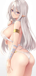 Rule 34 | 1girl, anza tomo, armlet, ass, bare shoulders, bikini, blush, breasts, criss-cross halter, elf, halterneck, highres, large breasts, long hair, looking at viewer, open mouth, original, pointy ears, purple eyes, solo, swimsuit, thighs, white bikini, white hair