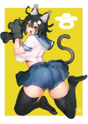 Rule 34 | 1girl, animal ears, animal hands, artist name, ass, black hair, black skirt, black thighhighs, blush, breasts, cat ears, cat tail, crop top, curvy, excited, eyebrows, fake animal ears, feet, from behind, gloves, hair between eyes, hand up, huge ass, kawakami masaki, looking at viewer, looking back, medium breasts, medium hair, no panties, open mouth, original, paw gloves, red eyes, school uniform, serafuku, shiny skin, short sleeves, sidelocks, signature, simple background, skirt, smile, solo, tail, thick thighs, thighhighs, thighs