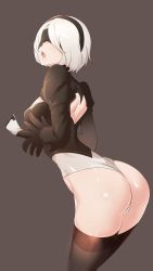 Rule 34 | 1girl, ass, backless dress, backless outfit, bad id, bad pixiv id, bent over, black thighhighs, blindfold, breasts, brown background, cleavage, dress, feather-trimmed sleeves, hairband, highres, leotard, mole, mole under mouth, nier (series), nier:automata, no pants, open mouth, pocari sweat (artist), short hair, simple background, skindentation, solo, thighhighs, thighs, thong leotard, white hair, white leotard, 2b (nier:automata)