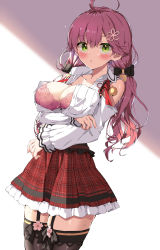 Rule 34 | 1girl, absurdres, ahoge, ama rei, arm under breasts, bell, bra, breasts, brown skirt, collared shirt, commentary request, cowboy shot, dress shirt, flower, green eyes, hair flower, hair ornament, highres, hololive, jingle bell, large breasts, long hair, long sleeves, looking at viewer, miniskirt, open clothes, open shirt, parted lips, pink bra, pink hair, plaid, plaid skirt, red skirt, sakura miko, sakura miko (casual), shirt, skirt, solo, standing, thighhighs, twintails, underwear, virtual youtuber, white shirt