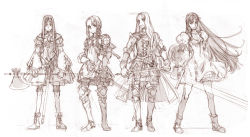 Rule 34 | 4girls, acquire, axe, black hair, boots, brown theme, dress, endou okito, knees, long hair, monochrome, multiple girls, okito endo, sketch, sword, very long hair, weapon, wizardry