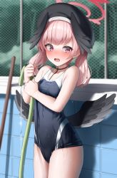 Rule 34 | 1girl, absurdres, bare arms, bare shoulders, black choker, black hat, black one-piece swimsuit, black wings, blue archive, blurry, blush, breasts, chain-link fence, choker, collarbone, cowboy shot, depth of field, feathered wings, fence, hat, head wings, highres, holding, hose, koharu (blue archive), long hair, looking at viewer, low wings, one-piece swimsuit, open mouth, outdoors, pink eyes, pink hair, school swimsuit, shengtian, solo, swimsuit, thighs, twintails, wet, wings