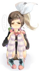 Rule 34 | 10s, 1girl, bow, braid, braided bangs, brown eyes, brown hair, hair bow, hair ornament, hairclip, highres, kaburagi kaede, mad bear (tiger &amp; bunny), pout, shorts, side ponytail, sitting, solo, striped clothes, striped thighhighs, stuffed animal, stuffed toy, syuka06, teddy bear, thighhighs, tiger &amp; bunny, vest
