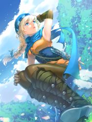 Rule 34 | 1girl, arm up, armpits, belt, blonde hair, blue scarf, boots, braid, braided ponytail, brown leggings, cloud, cloudy sky, corset, dagger, dress, dutch angle, elbow gloves, fire emblem, fire emblem: genealogy of the holy war, foreshortening, gloves, hat, highres, knife, leggings, long hair, looking away, looking to the side, nintendo, outdoors, patty (fire emblem), rock, scarf, sheath, short dress, sitting, sky, sleeveless, sleeveless dress, solo, tree, umipro, weapon