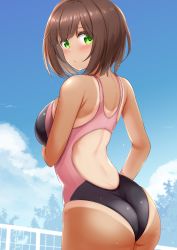 Rule 34 | 1girl, ass, back, backless swimsuit, blue sky, blush, breasts, brown hair, cloud, commentary request, competition swimsuit, day, green eyes, highres, idolmaster, idolmaster cinderella girls, kibihimi, large breasts, looking at viewer, looking back, maekawa miku, one-piece swimsuit, one-piece tan, outdoors, short hair, sky, solo, standing, swimsuit, tan, tanline, wet