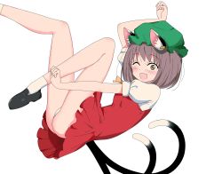 Rule 34 | 1girl, ;d, absurdres, animal ear fluff, animal ears, arm up, ascot, ass, black footwear, blush, breasts, brown eyes, brown hair, cat ears, cat tail, chen, commentary request, dress, floating, foot out of frame, green hat, hand up, hat, highres, looking at viewer, lying, mob cap, multiple tails, nekomata, on back, one eye closed, open mouth, outstretched arm, panties, paw pose, puffy short sleeves, puffy sleeves, red dress, shiisuu rattamu, short hair, short sleeves, simple background, small breasts, smile, solo, tail, touhou, two tails, underwear, upskirt, white background, white legwear, white panties, yellow ascot