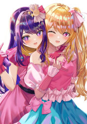 Rule 34 | 2girls, absurdres, arm over shoulder, arm warmers, bare shoulders, belt, black belt, blonde hair, blue dress, blush, bow, collarbone, commentary, detached sleeves, dress, frilled dress, frilled gloves, frills, gloves, hair ornament, highres, holding, holding microphone, hoshino ai (oshi no ko), hoshino ruby, hug, hug from behind, idol, long hair, matsumoto yuu, microphone, mother and daughter, multiple girls, one eye closed, one side up, open mouth, oshi no ko, pink bow, pink dress, pink eyes, pink gloves, pink hair, pink ribbon, purple eyes, purple hair, rabbit hair ornament, ribbon, sidelocks, simple background, sleeveless, sleeveless dress, spaghetti strap, star (symbol), star hair ornament, two-tone dress, white background