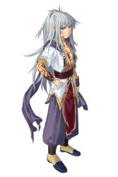 Rule 34 | 1boy, absurdres, arcturus, black footwear, brown sash, closed mouth, commentary, expressionless, full-body tattoo, full body, grey eyes, grey hair, hand on own hip, high ponytail, highres, long hair, looking at viewer, male focus, medium bangs, pants, pelvic curtain, purple pants, shirt, sidelocks, simple background, sizz flair, solo, tattoo, very long hair, white background, white shirt, xiansan