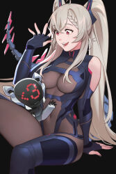 Rule 34 | 1girl, absurdres, bare shoulders, black background, black gloves, black nails, bodysuit, breasts, covered navel, dnaitari, elbow gloves, gloves, grey bodysuit, grey hair, highres, impossible bodysuit, impossible clothes, indie virtual youtuber, large breasts, leotard, long hair, looking at another, mechanical tail, nail polish, non-humanoid robot, open mouth, partially fingerless gloves, red eyes, robot, robot animal, robot dog, saruei (vtuber), scar, scar across eye, see-through, see-through leotard, sitting, smile, tail, twintails, very long hair, virtual youtuber
