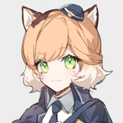 Rule 34 | animal ears, arknights, black jacket, black necktie, blonde hair, blue hat, cat ears, cat girl, chinese commentary, closed mouth, collared shirt, commentary request, green eyes, grey background, hat, jacket, looking at viewer, mini hat, mousse (arknights), multicolored hair, necktie, portrait, shirt, short hair, simple background, sketch, smile, white hair, white shirt, yusa (yusa0751)