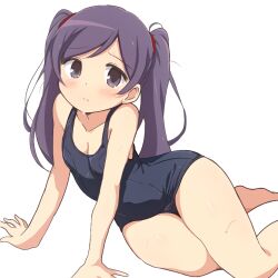 Rule 34 | 1girl, blush, breasts, cleavage, closed mouth, collarbone, commentary, covered navel, foot out of frame, frown, grey eyes, kurakuru, long hair, mega man (series), mega man battle network (series), mega man battle network 4, old school swimsuit, parted bangs, purple hair, school swimsuit, shuko kido (mega man), simple background, sitting, small breasts, solo, split mouth, swimsuit, tearing up, twintails, white background, yokozuwari