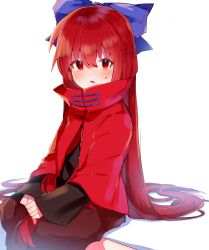 Rule 34 | 1girl, alternate hair length, alternate hairstyle, blue bow, blush, bow, cloak, commentary, hair bow, highres, long hair, long sleeves, looking at viewer, nagai riku, red cloak, red eyes, red hair, red skirt, ribbon-trimmed bow, sekibanki, short hair, skirt, sleeves past wrists, solo, sweatdrop, touhou, white background