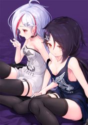 Rule 34 | 2girls, ahoge, azur lane, bandaid, bandaid on face, bandaid on nose, bare shoulders, black hair, black legwear, breasts, cassin (azur lane), collarbone, commentary request, downes (azur lane), earrings, eorx, hair ornament, hairclip, heterochromia, jewelry, long hair, looking at viewer, low ponytail, mole, mole under eye, multicolored hair, multiple girls, open mouth, red eyes, red hair, retrofit (azur lane), revision, shirt, small breasts, strap slip, streaked hair, thigh strap, thighhighs, two-tone hair, white hair, yellow eyes