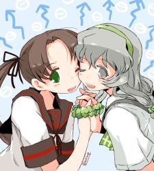 Rule 34 | 10s, 2girls, arrow (projectile), ayanami (kancolle), blue background, brown hair, green eyes, grey eyes, headband, holding hands, kanoe soushi, kantai collection, multiple girls, one eye closed, open mouth, school uniform, scrunchie, simple background, smile, yamagumo (kancolle)