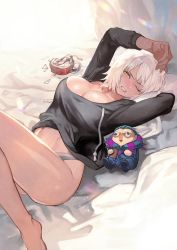 Rule 34 | 1girl, alarm clock, breasts, broken, character doll, clock, fate/grand order, fate (series), gilles de rais (caster) (fate), highres, jeanne d&#039;arc (fate), jeanne d&#039;arc alter (avenger) (fate), jeanne d&#039;arc alter (fate), lack, large breasts, on bed, one eye closed, panties, pillow, solo, sunlight, underwear, waking up, white hair, yellow eyes