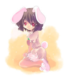 Rule 34 | 1girl, :3, animal ears, animal slippers, bad id, bad pixiv id, brown hair, bunny slippers, female focus, full body, gradient background, highres, inaba tewi, okotan (dewdrops), rabbit ears, rabbit girl, rabbit tail, red eyes, short hair, slippers, solo, tail, touhou, white background