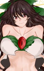 Rule 34 | 1girl, absurdres, adapted costume, arms at sides, bad id, bad pixiv id, bare shoulders, bow, breasts, brown hair, caution, closed mouth, collarbone, crop top, green bow, hair between eyes, hair bow, head tilt, highres, kuropan122, large breasts, long hair, looking at viewer, no wings, red eyes, reiuji utsuho, ribs, slit pupils, smile, solo, stomach, strapless, third eye, touhou, underboob, upper body, very long hair