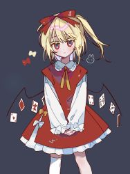 Rule 34 | 1girl, ace (playing card), ace of hearts, ascot, blonde hair, bow, card, crystal, del 7a, fang, five of clubs, flandre scarlet, four of diamonds, frilled shirt, frilled shirt collar, frilled skirt, frilled sleeves, frills, hair bow, hat, heart, highres, joker (playing card), long sleeves, medium hair, neckwear request, nine of spades, one side up, playing card, red eyes, red ribbon, red skirt, red vest, ribbon, shirt, short hair, skirt, solo, touhou, unamused, vest, white shirt, wide sleeves, wings, yellow ascot