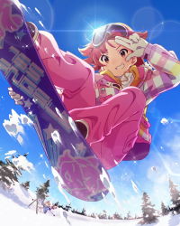 Rule 34 | 10s, 1girl, :d, brown eyes, brown hair, card (medium), gloves, goggles, grin, idolmaster, idolmaster million live!, jacket, lens flare, looking at viewer, musical note, nikaidou chizuru, nonohara akane, official art, open mouth, short hair, smile, snow, snowboard, solo, solo focus, tree