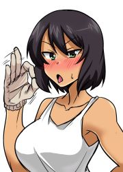 Rule 34 | 1girl, bare shoulders, black hair, blush, breasts, girls und panzer, gloves, green eyes, handjob gesture, hoshino (girls und panzer), large breasts, looking at viewer, medium breasts, mimuni362, solo, tank top, tongue, tongue out, upper body, white background