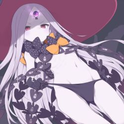 Rule 34 | 1girl, abigail williams (fate), abigail williams (third ascension) (fate), black bow, black gloves, black panties, bow, commentary request, fate (series), forehead, gamuo, gloves, hat, keyhole, long hair, looking at viewer, multiple bows, orange bow, pale skin, panties, panty tug, parted bangs, polka dot, polka dot bow, red eyes, silver hair, solo, underwear, very long hair, witch hat