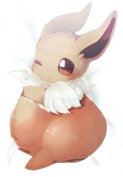 Rule 34 | animal focus, bad id, bad pixiv id, banchiku, bed sheet, blush, brown eyes, creatures (company), eevee, fluffy, from above, full body, game freak, gen 1 pokemon, highres, hugging own tail, hugging tail, lying, nintendo, no humans, on side, one eye closed, open mouth, pokemon, pokemon (creature), simple background, solo, swept bangs, tail, white background