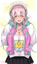 Rule 34 | 1girl, ^ ^, black skirt, blush, breasts, cleavage, closed eyes, collarbone, commentary request, cowboy shot, facing viewer, green hair, hair between eyes, hands up, headphones, highres, jacket, jewelry, large breasts, letterman jacket, long hair, long sleeves, looking at viewer, multicolored hair, necklace, nitroplus, open clothes, open jacket, open mouth, pink hair, pink jacket, pleated skirt, pocket, round teeth, shirt, sidelocks, signature, skirt, smile, solo, standing, star (symbol), star necklace, super sonico, t-shirt, teeth, translation request, tsuji santa, two-tone hair, upper teeth only, virtual youtuber, white background, white jacket, white shirt