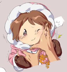 Rule 34 | 1girl, blush, brown hair, cheek squash, closed mouth, fingernails, frown, fur trim, gradient background, highres, home (houmei), hood, hood up, ice climber, long sleeves, looking at viewer, mittens, motion lines, nana (ice climber), nintendo, no eyebrows, no nose, one eye closed, parka, purple eyes, short hair, solid eyes, solo focus, tears