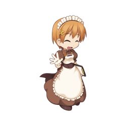 :d apron brown_dress brown_flower brown_sash chibi chibi_only clipboard closed_eyes collared_dress dress flower frilled_apron frills full_body gloves hair_ornament holding holding_clipboard kafra_uniform light_brown_hair maid maid_headdress official_art open_mouth puffy_short_sleeves puffy_sleeves ragnarok_online roxie_(ragnarok_online) short_hair short_sleeves simple_background smile solo transparent_background waving white_apron white_gloves x_hair_ornament yuichirou