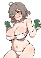 Rule 34 | 1girl, :d, ahoge, anis (nikke), anis (sparkling summer) (nikke), bare shoulders, bikini, blush, breasts, brown eyes, brown hair, can, cleavage, drink can, eyepatch bikini, goddess of victory: nikke, highres, holding, holding can, isemori, large breasts, navel, official alternate costume, open mouth, short hair, side-tie bikini bottom, simple background, skindentation, smile, soda can, solo, string bikini, swimsuit, white background, white bikini
