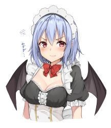Rule 34 | 1girl, alternate costume, amagi (amagi626), arms at sides, black dress, blue hair, blush, bow, bowtie, breasts, buttons, center frills, cleavage, closed mouth, commentary request, cropped torso, detached collar, dress, enmaided, eyelashes, frilled sleeves, frills, frown, highres, light blue hair, looking at viewer, maid, maid headdress, puffy short sleeves, puffy sleeves, red bow, red bowtie, red eyes, remilia scarlet, short hair, short sleeves, simple background, solo, squiggle, standing, sweatdrop, touhou, v-shaped eyebrows, wavy mouth, white background, wing collar