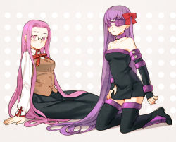 Rule 34 | 2girls, bad id, bad pixiv id, bare shoulders, blindfold, boots, bow, choker, cosplay, costume switch, detached sleeves, dress, fate/stay night, fate (series), glasses, hair bow, homurahara academy school uniform, kneeling, long hair, matou sakura, matou sakura (cosplay), medusa (fate), medusa (rider) (fate), medusa (rider) (fate) (cosplay), multiple girls, purple eyes, purple hair, school uniform, sitting, taa (acid), thigh boots, thighhighs, very long hair
