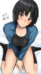 Rule 34 | 1girl, amagami, arms between legs, artist name, bed sheet, black hair, black one-piece swimsuit, black socks, blue one-piece swimsuit, blue shirt, blurry, blush, breasts, breasts squeezed together, brown eyes, closed mouth, commentary, competition swimsuit, depth of field, from above, head tilt, highres, kneehighs, long sleeves, looking at viewer, looking up, medium breasts, nanasaki ai, nose blush, on bed, one-piece swimsuit, open clothes, open shirt, raised eyebrows, revision, shirt, short hair, signature, sitting, socks, solo, swimsuit, swimsuit under clothes, twitter username, two-tone one-piece swimsuit, v arms, wariza, yoo tenchi