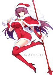 Rule 34 | 1girl, arm warmers, bad id, bad twitter id, between breasts, boots, breasts, capelet, character name, christmas, covered navel, dress, fate/grand order, fate (series), full body, fur trim, hair between eyes, halcon, hat, high heel boots, high heels, highres, large breasts, long hair, looking at viewer, parted lips, polearm, purple hair, red dress, red eyes, red thighhighs, sack, santa costume, santa hat, scathach (fate), short dress, simple background, smile, solo, spear, thigh boots, thighhighs, weapon, white background