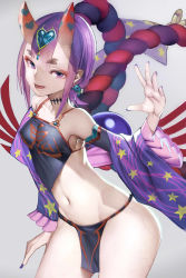 Rule 34 | 1girl, absurdres, bare shoulders, breasts, chinese clothes, commentary request, detached sleeves, dudou, fate/grand order, fate (series), fingernails, grey background, hand up, headpiece, heart, highres, horns, loincloth, long hair, long sleeves, looking at viewer, nail polish, navel, nyatabe, oni, parted lips, purple eyes, purple hair, purple nails, shuten douji (fate), shuten douji (fate/grand order), shuten douji (halloween caster) (fate), simple background, skin-covered horns, small breasts, smile, solo, star (symbol), wide sleeves