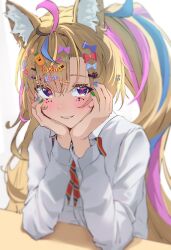 Rule 34 | 1girl, animal ear fluff, animal ears, asymmetrical bangs, blonde hair, blurry, blush, bow, bowtie, collared shirt, depth of field, desk, elbow rest, fox ears, fox girl, hair bow, hair ornament, hairclip, hands on own cheeks, hands on own face, head rest, heart, heart-shaped pupils, highres, hololive, long hair, long sleeves, looking at viewer, multicolored hair, multicolored nails, omaru polka, omaru polka (school uniform), panda 0035, ponytail, purple eyes, shirt, smile, solo, star (symbol), star hair ornament, streaked hair, symbol-shaped pupils, upper body, very long hair, virtual youtuber, white background, white shirt