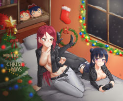 Rule 34 | 10s, 2girls, absurdres, bed, bedroom, belt, blue hair, blush, breast press, breasts squeezed together, breasts, brown eyes, christmas, christmas lights, christmas tree, cleavage, closed mouth, controller, eun bari, frown, game controller, hair bun, hair ornament, high heels, highres, holding, indoors, legs up, long hair, love live!, love live! sunshine!!, lying, medium breasts, merry christmas, multiple girls, nesoberi, no bra, on bed, on stomach, open clothes, pillow, purple eyes, red hair, sakurauchi riko, shoes, single hair bun, smile, snow, snowflakes, snowing, tree, tsushima yoshiko, window