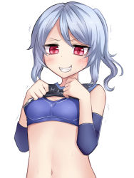 Rule 34 | 1girl, arm warmers, blue hair, blush, bra, breasts, clothes lift, commentary request, eyebrows, grin, hair between eyes, highres, long hair, looking at viewer, navel, neit ni sei, original, ponytail, red eyes, shirt, shirt lift, sidelocks, simple background, sleeveless, small breasts, smile, solo, sports bra, sportswear, underwear, upper body, white background