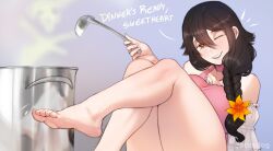 Rule 34 | 1girl, barefoot, black hair, blush, braid, feet, highres, ladle, long hair, looking at viewer, multicolored eyes, one eye closed, parted lips, scathegrapes, soles, steam, toes, wink