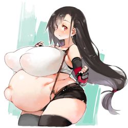 Rule 34 | 1girl, bare shoulders, black hair, blush, breasts, collarbone, covered erect nipples, cowboy shot, crop top, curvy, final fantasy, final fantasy vii, final fantasy vii remake, fingerless gloves, gloves, huge areolae, huge breasts, long hair, looking at viewer, outie navel, pregnant, puffy areolae, red eyes, sachito, short shorts, shorts, solo, square enix, suspenders, tank top, thick thighs, thighhighs, thighs, tifa lockhart, very long hair, wide hips